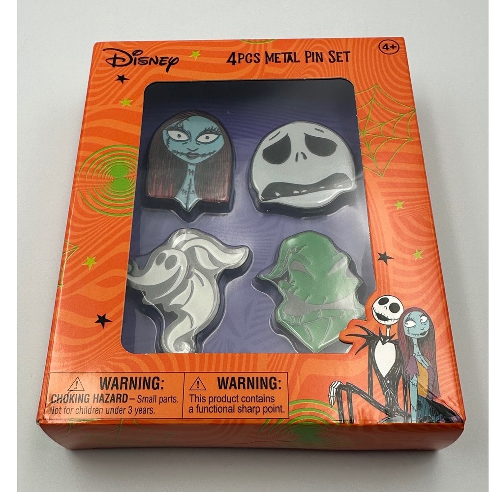 New Disney Nightmare Before Christmas 4 Pcs Metal Pin Set Jack Skellington Sally